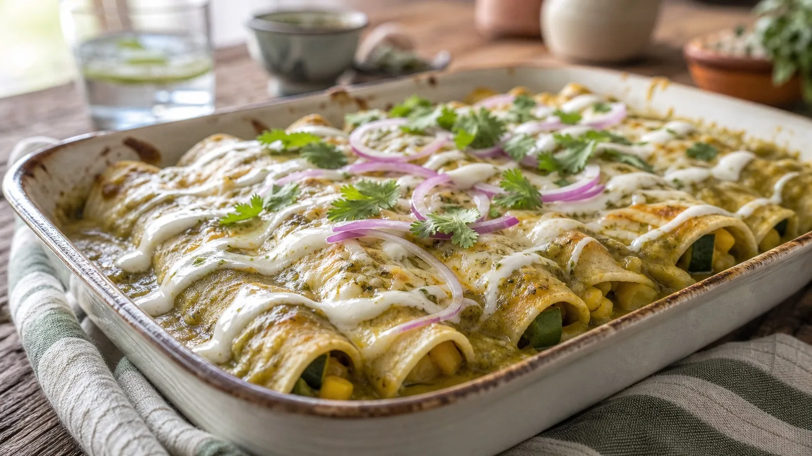 Enchiladas de calabacita y queso en salsa verde cremosa servidas en plato casero