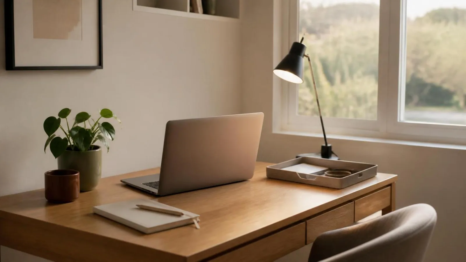 Escritorio pequeno en casa organizado con libreta, laptop, lampara, plantas y pocos accesorios