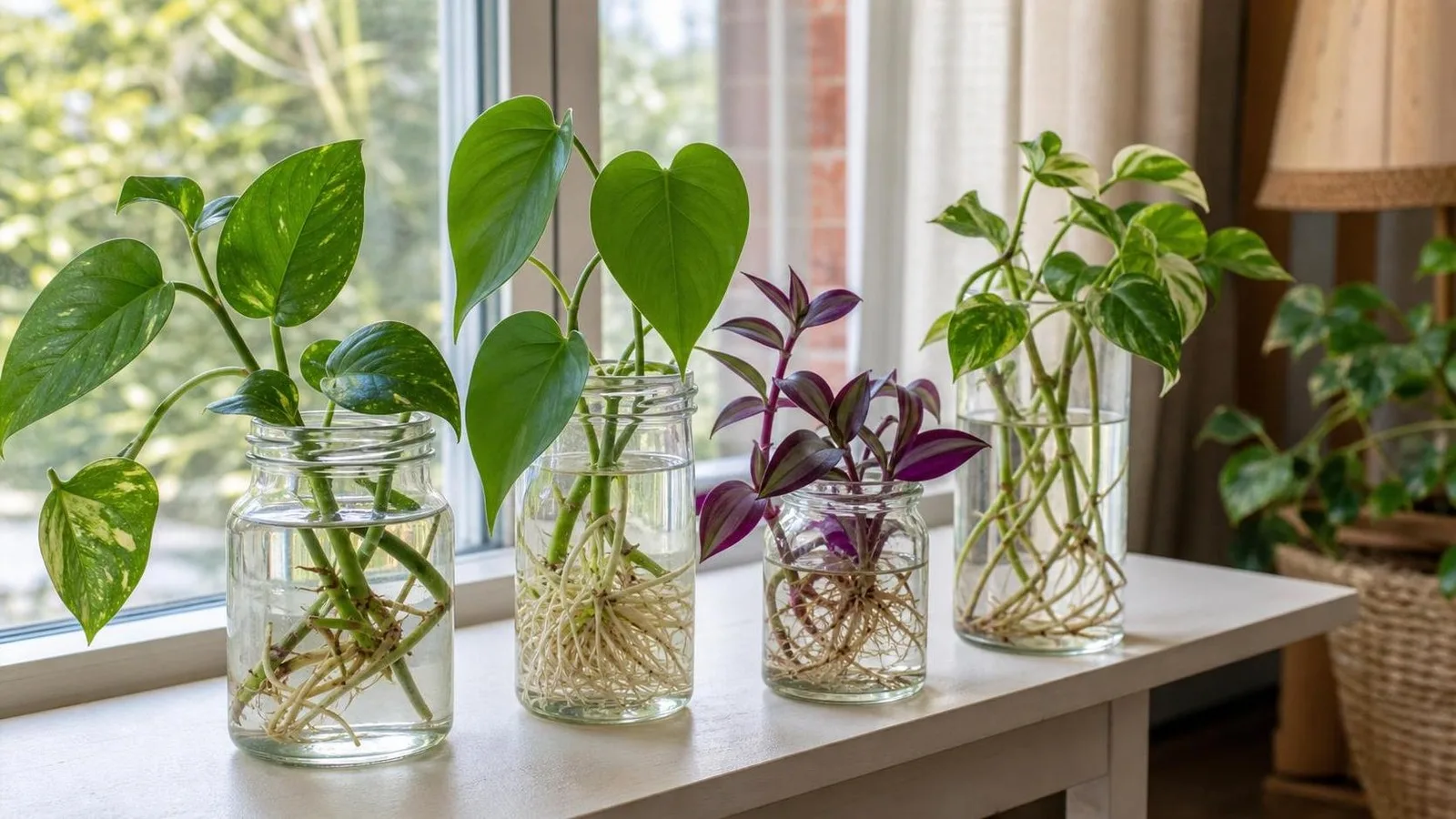 Esquejes de plantas de interior en frascos con agua y raíces sanas junto a una ventana