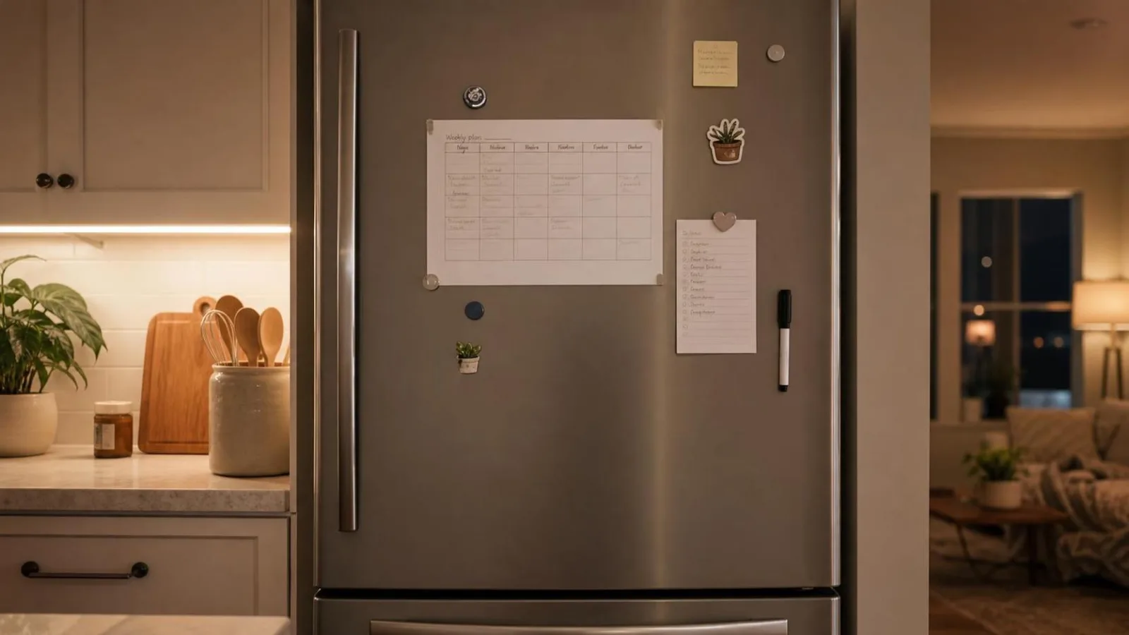 Estacion familiar organizada en el refrigerador con menu semanal lista de compras y pendientes del hogar