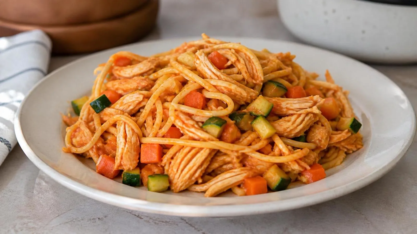 Fideos secos con pollo y verduras servidos en plato casero