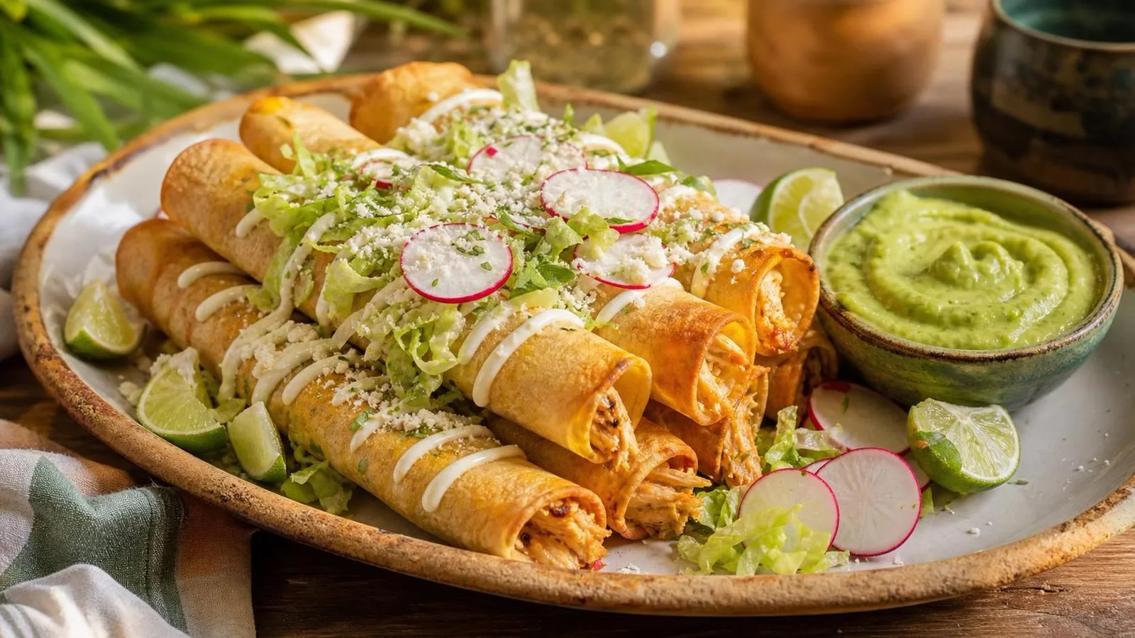 Flautas de pollo al horno con salsa cremosa de aguacate servidas con lechuga, queso fresco y limon