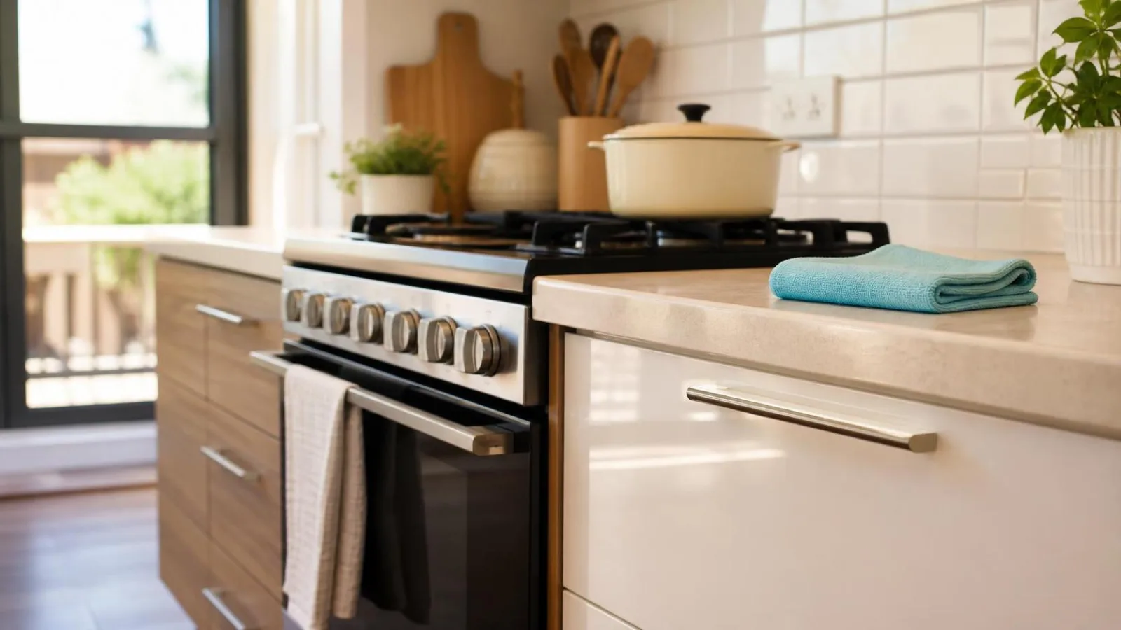 Gabinetes de cocina limpios despues de retirar grasa pegada con pano de microfibra