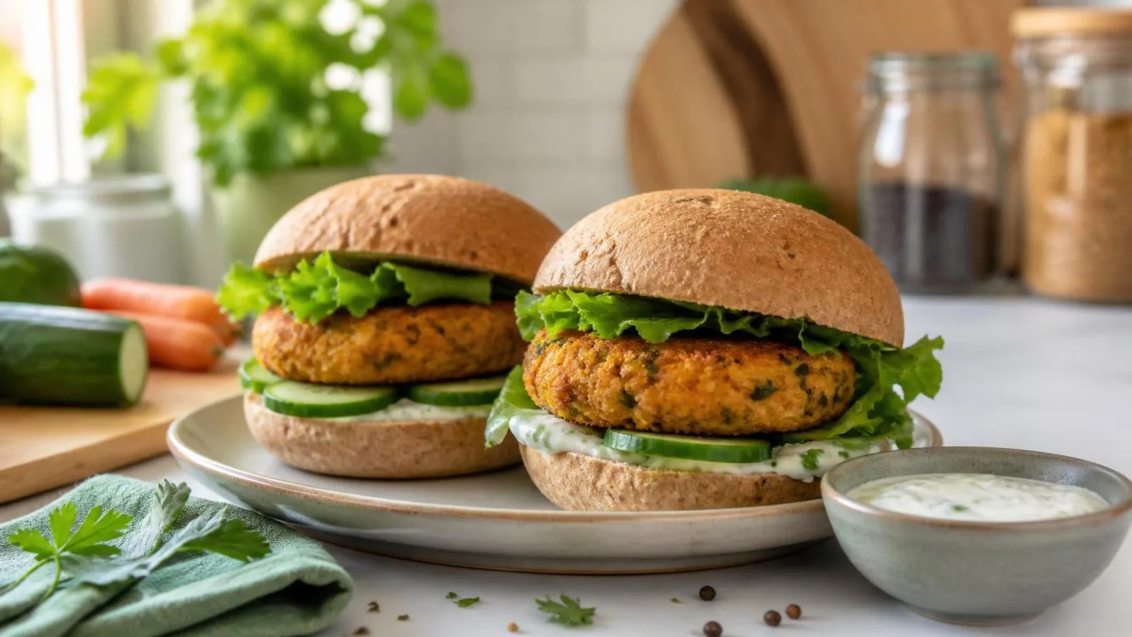 Hamburguesas saludables de garbanzo y zanahoria servidas con salsa fresca de pepino