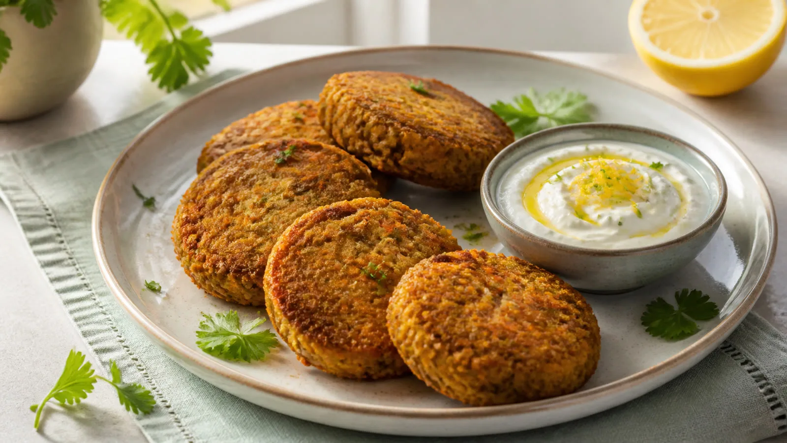Hamburguesitas de lentejas con zanahoria y dip de yogurt servidas en plato casero