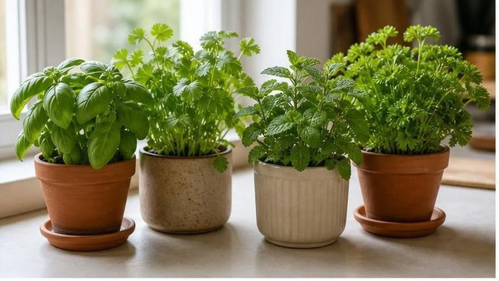 Macetas con albahaca, cilantro, menta y perejil en una cocina con luz natural