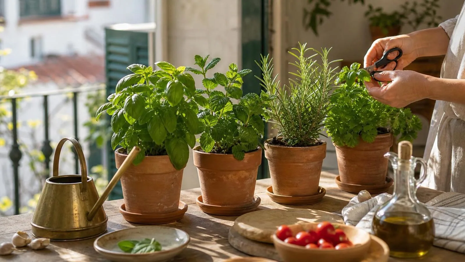 Macetas de hierbas aromaticas saludables junto a una ventana con luz natural