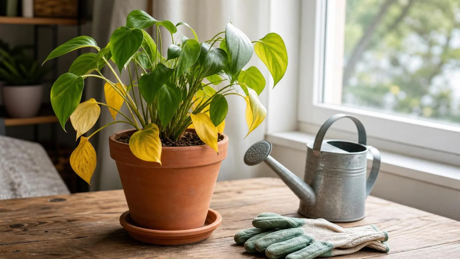 Planta de interior con hojas amarillas junto a una ventana en casa