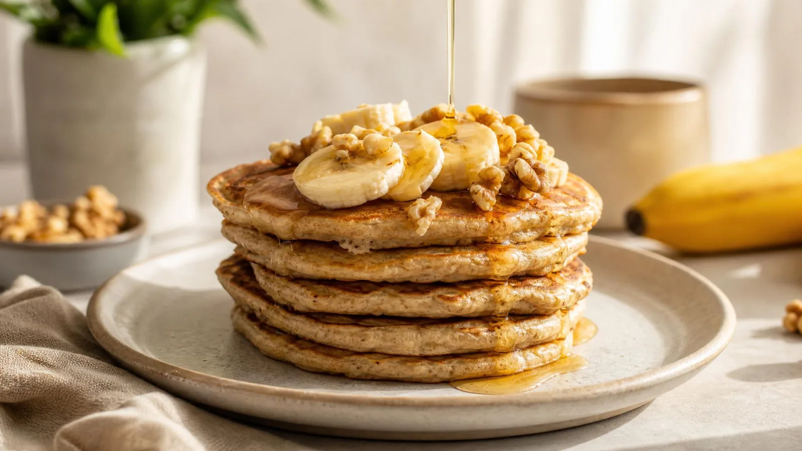 Hotcakes de avena y plátano servidos con miel, canela y fruta