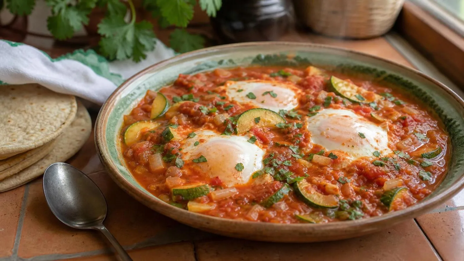 Huevos ahogados en salsa de jitomate con calabacitas servidos en cazuela casera