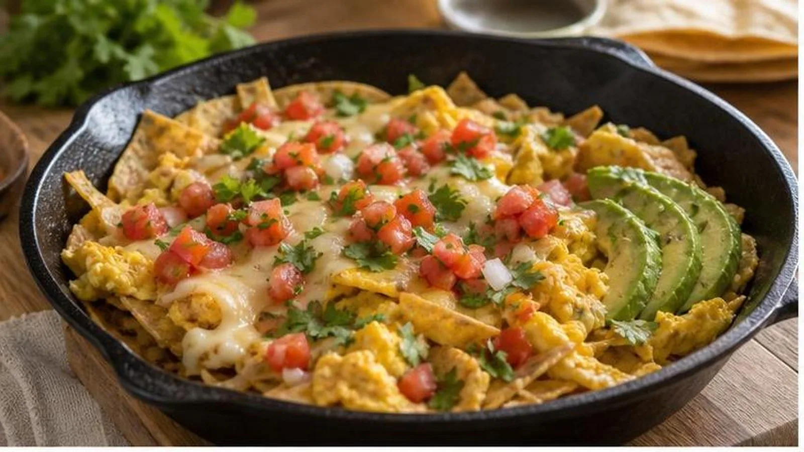 Huevos con tortilla y queso servidos en sarten con aguacate y salsa fresca