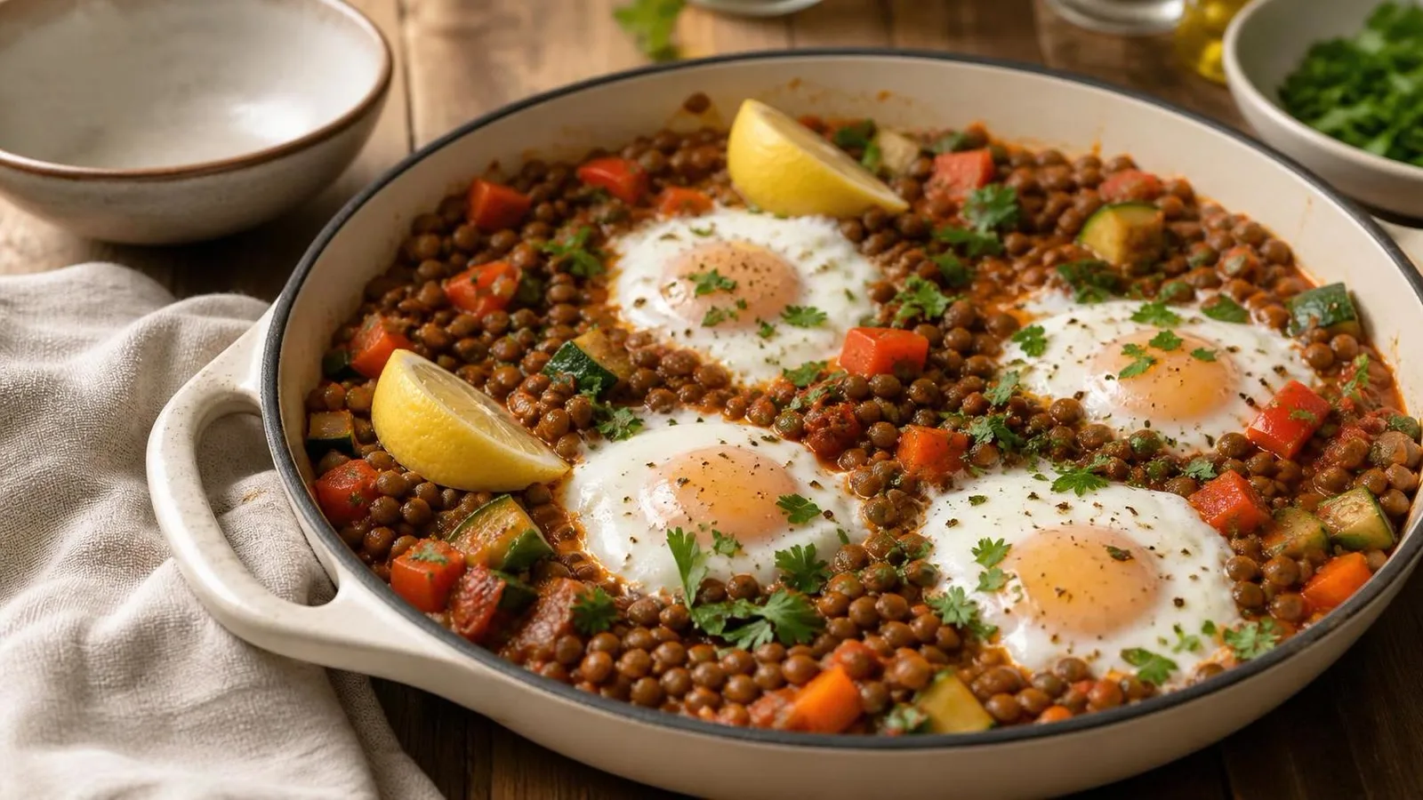 Sarten de lentejas con verduras y huevo pochado servido en mesa casera