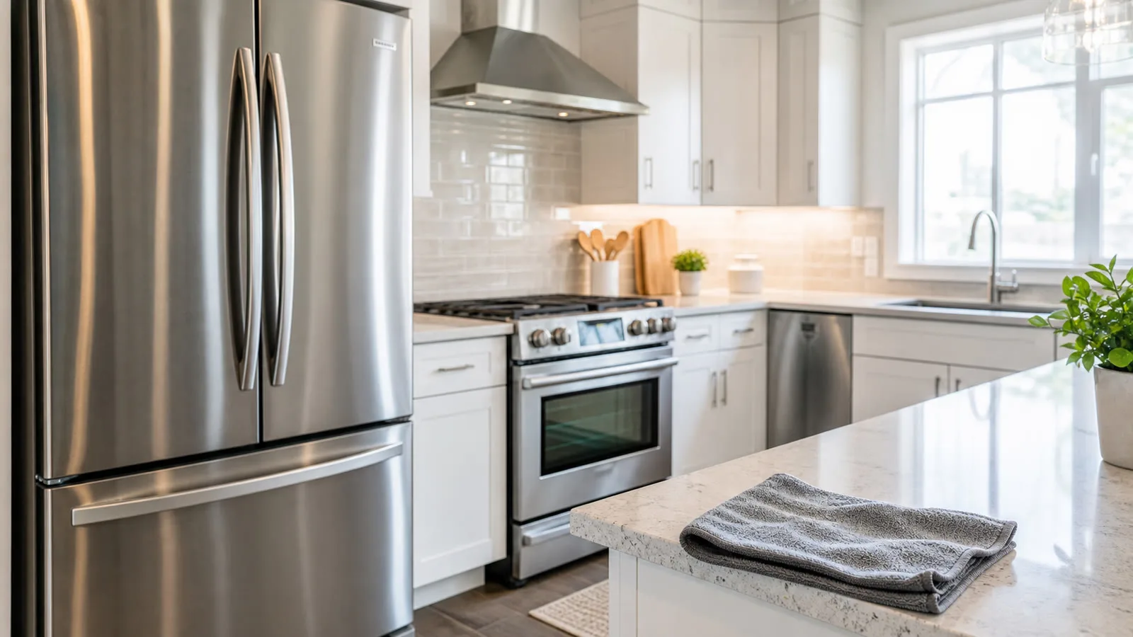 Cocina casera con superficies de acero inoxidable limpias y brillantes