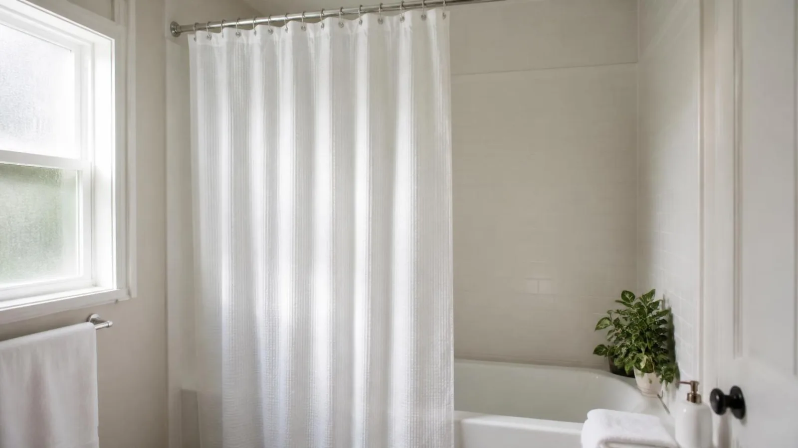 Cortina de baño limpia y extendida en un baño casero después de lavarla sin cloro