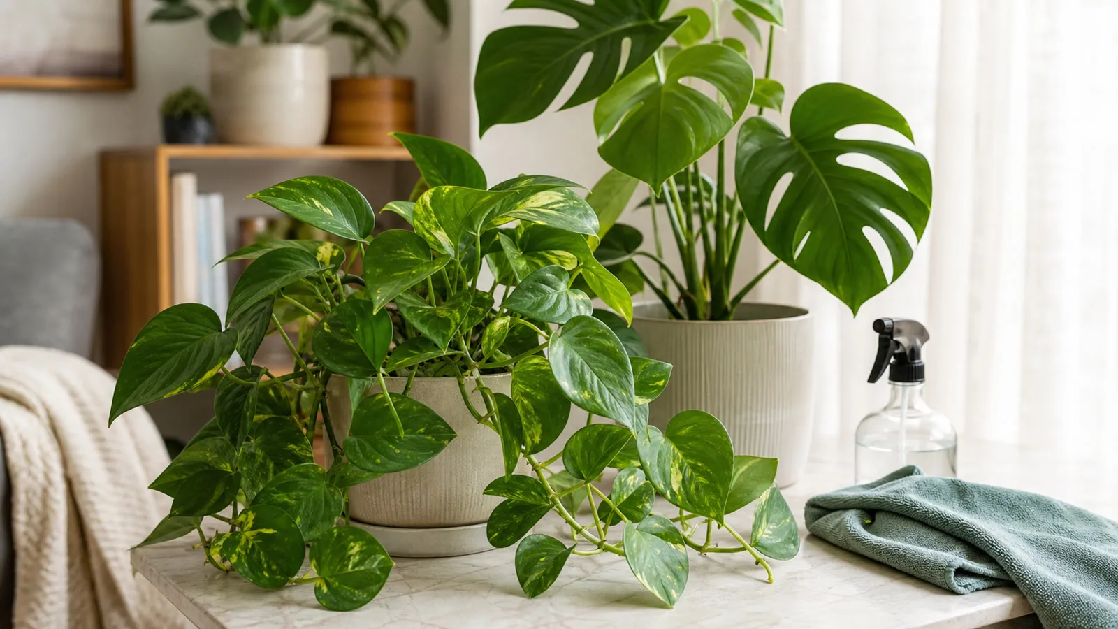Plantas de interior con hojas limpias y brillantes en una mesa junto a un paño y atomizador