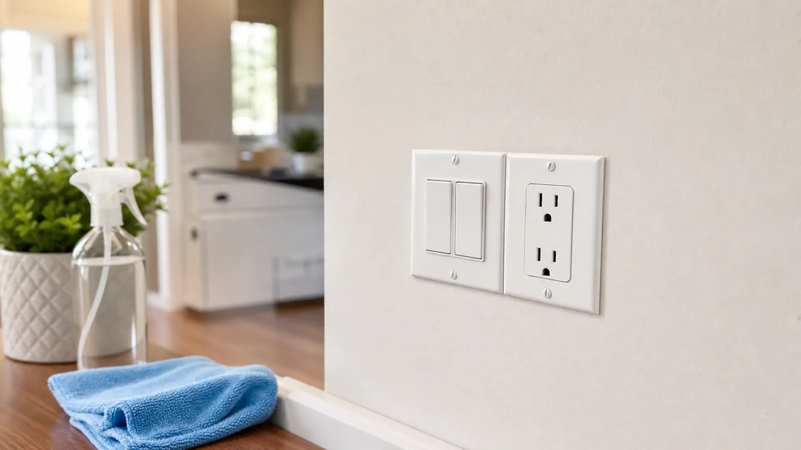 Interruptores y enchufes limpios en una pared de casa con materiales de limpieza secos