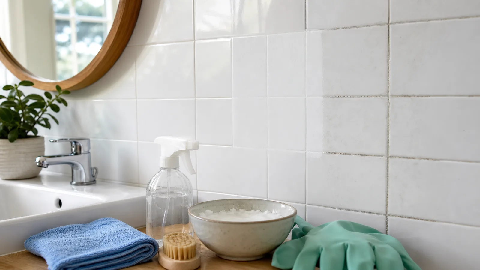 Juntas de azulejo del baño limpias con cepillo suave, microfibra y materiales caseros