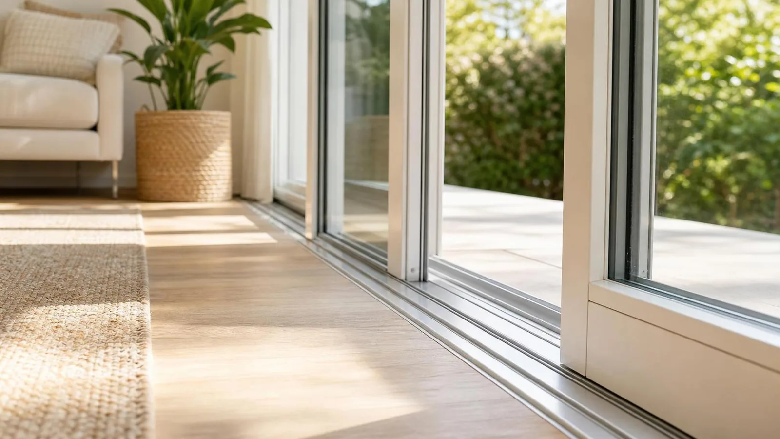 Rieles de ventana y puerta corrediza limpios en una casa luminosa despues de una limpieza profunda