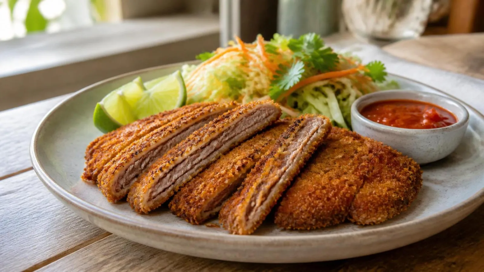 Milanesas de res crujientes al horno servidas con ensalada de repollo