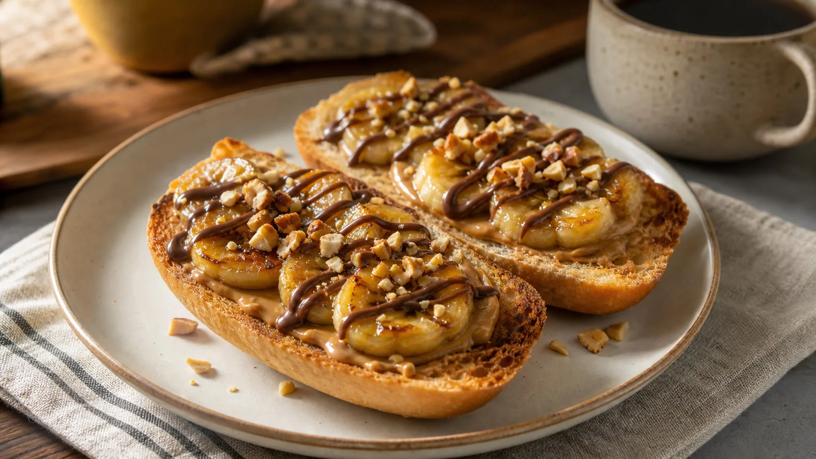 Molletes dulces de platano con crema de cacahuate y chocolate servidos para desayuno