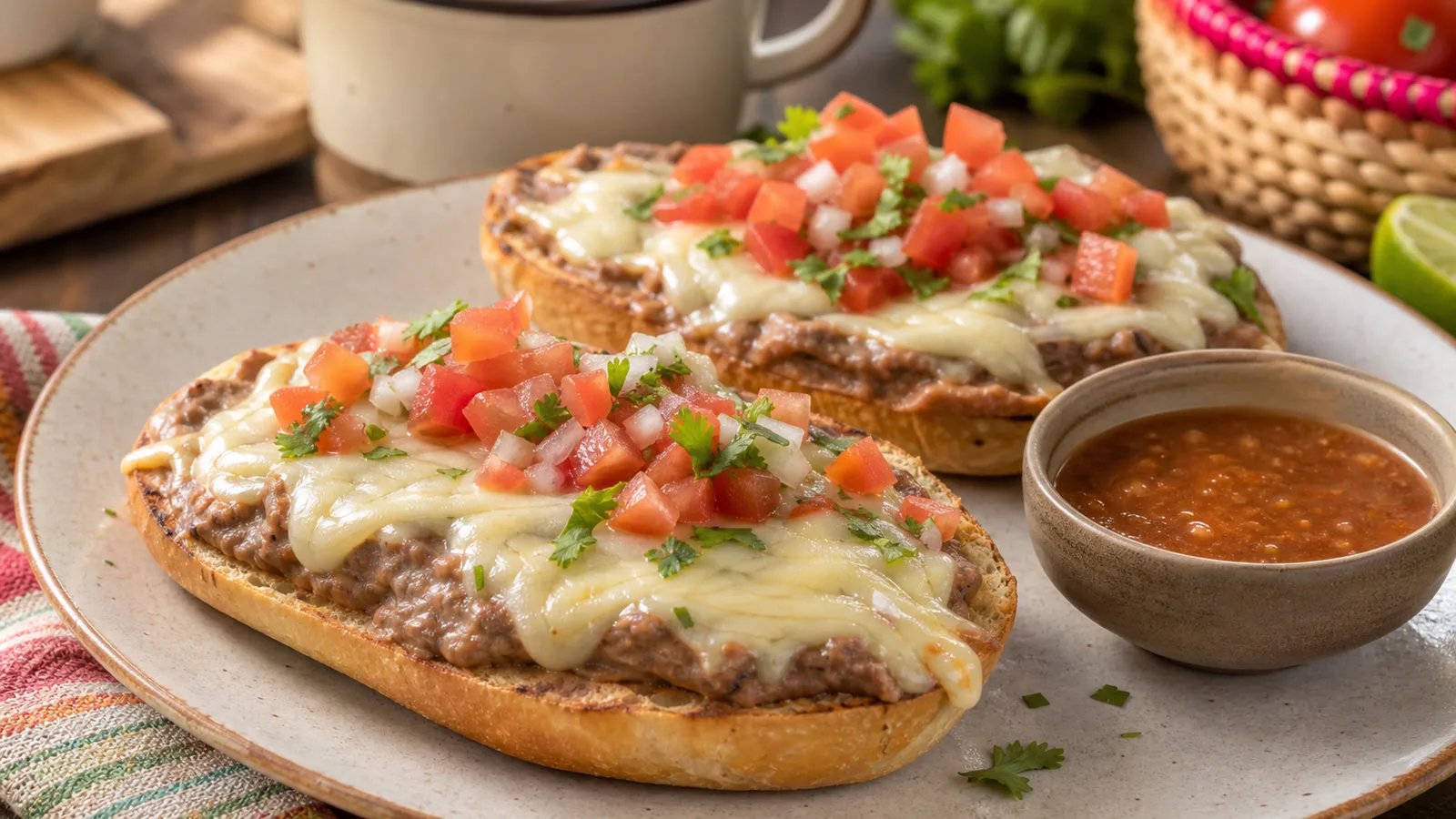 Molletes caseros con frijoles, queso gratinado y pico de gallo