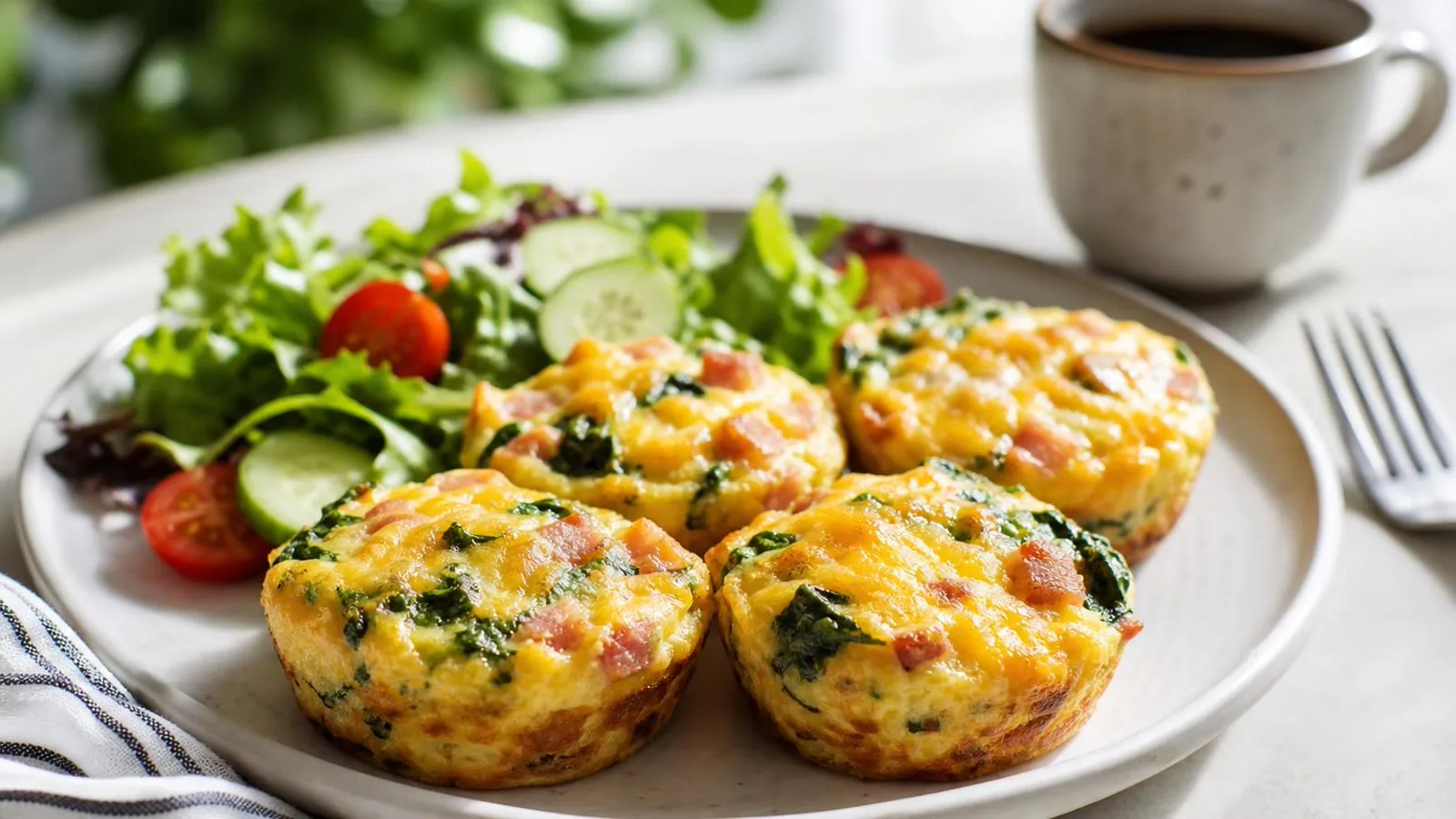 Muffins de huevo con espinaca jamon y queso servidos para desayuno casero