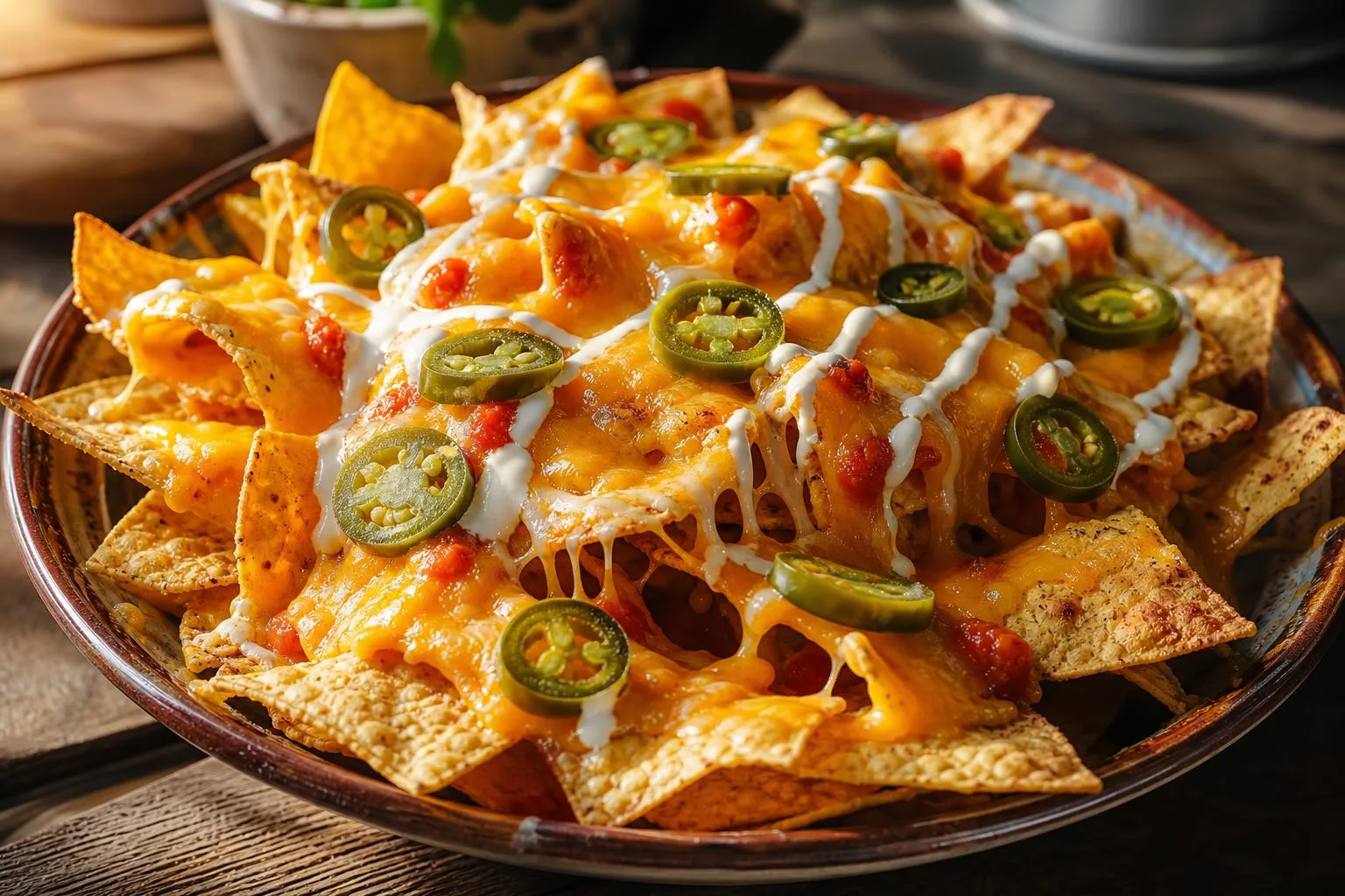 Nachos caseros con mucho queso derretido, jalapeños y salsa servidos en un plato.