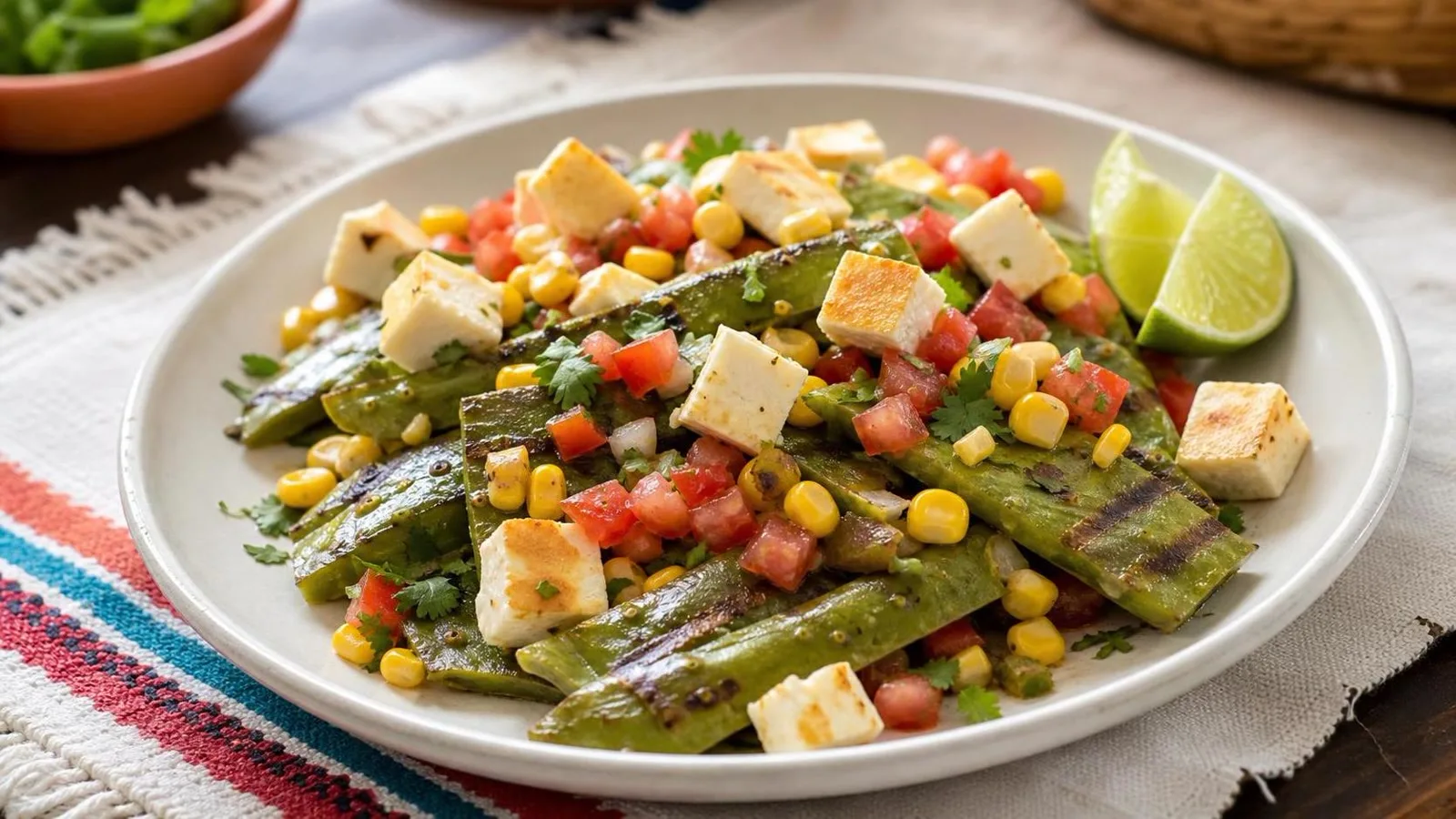 Nopales asados con queso panela elote y salsa fresca de jitomate servidos en mesa casera