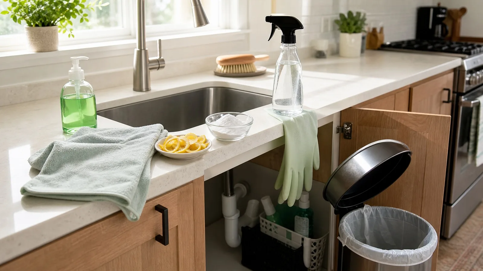 Cocina limpia con fregadero, coladera y bote de basura despues de rutina contra malos olores