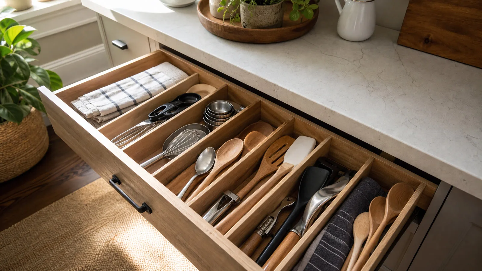 Cajon de cocina abierto con utensilios ordenados en separadores de madera