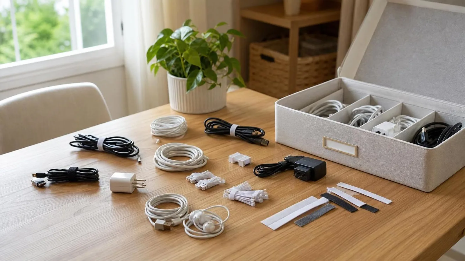 Cables cargadores y organizadores acomodados sobre una mesa de casa