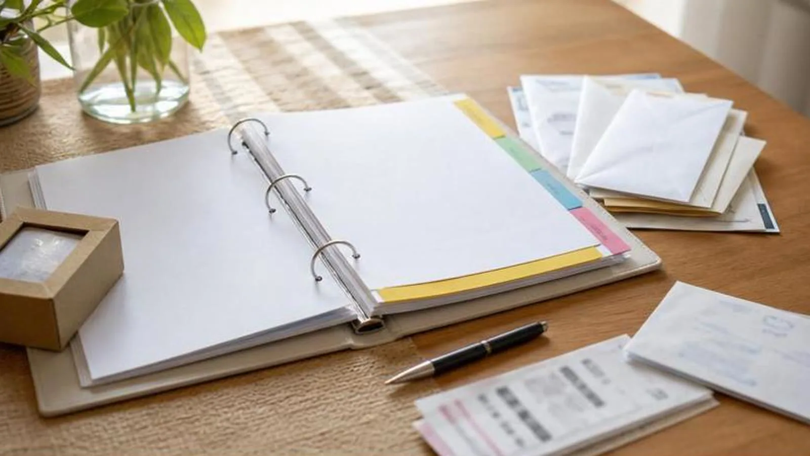 Carpeta familiar abierta con documentos del hogar organizados en una mesa luminosa