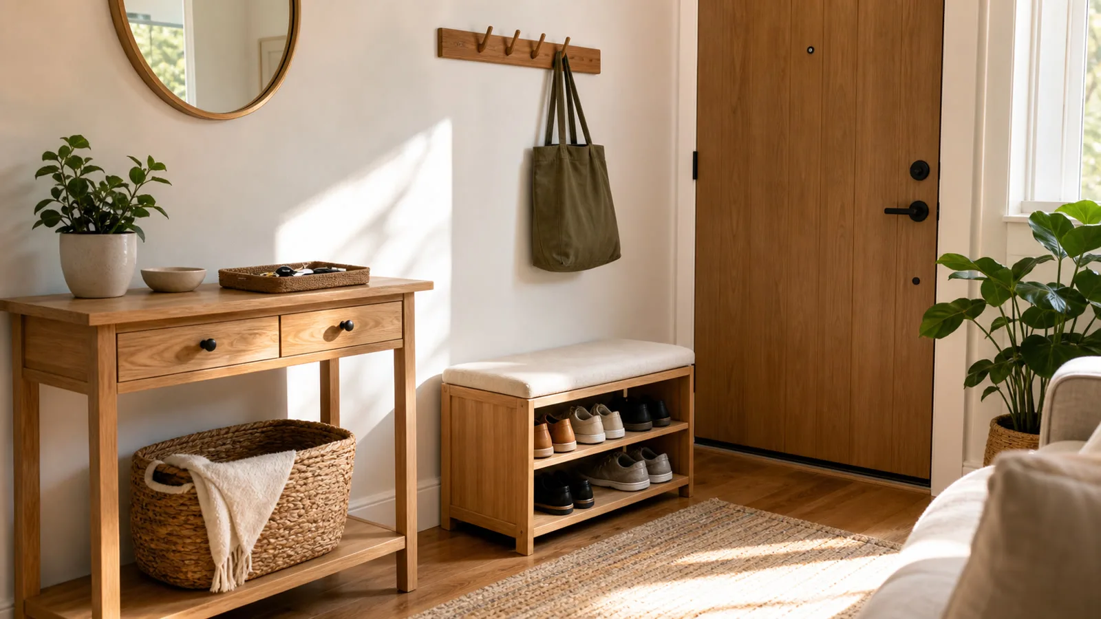Entrada de casa organizada con mueble de madera, bandeja para llaves, ganchos, bolsa y zapatos acomodados