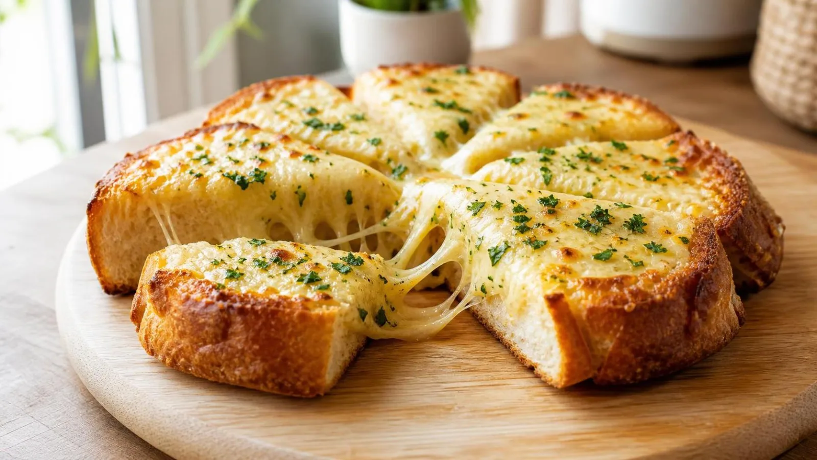 Pan de ajo con queso en sarten dorado y servido en tabla casera