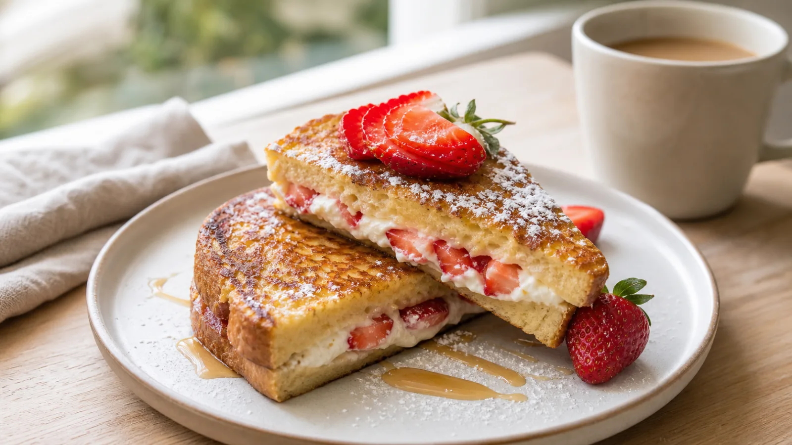Pan frances relleno de queso crema y fresas servido en desayuno casero