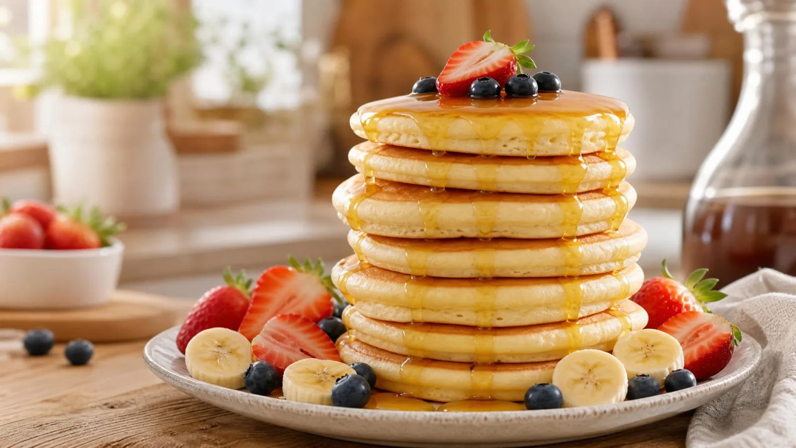 Torre de panqueques esponjosos con miel, frutas frescas y mantequilla servidos para desayuno.