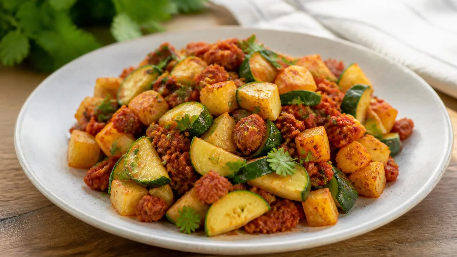 Papas con chorizo y calabacitas servidas en plato casero