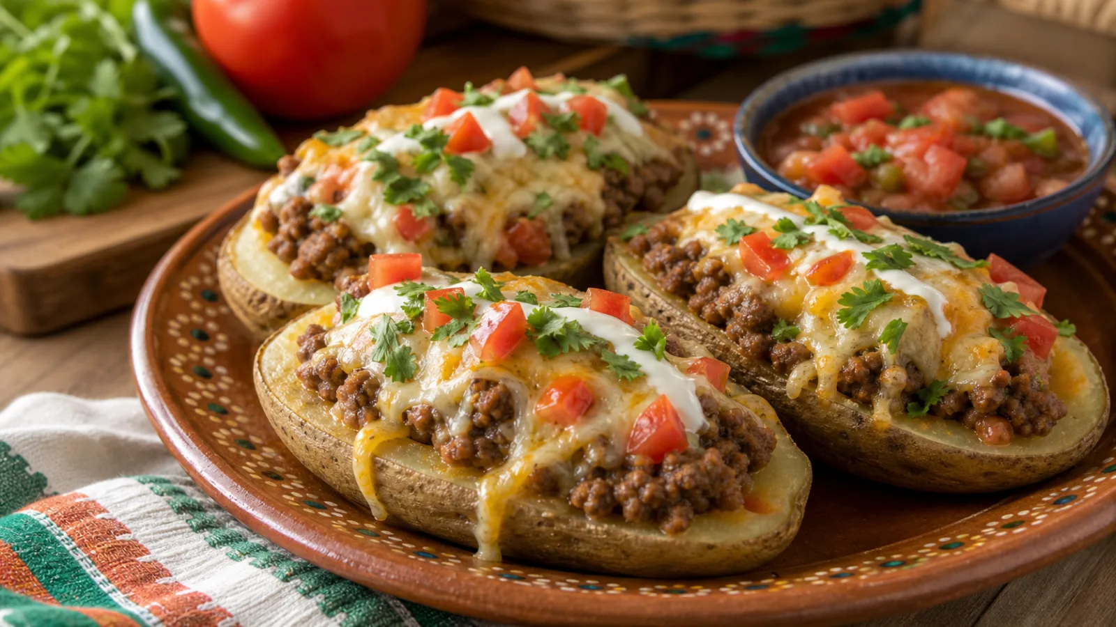 Papas rellenas de carne molida y queso servidas con salsa y cilantro