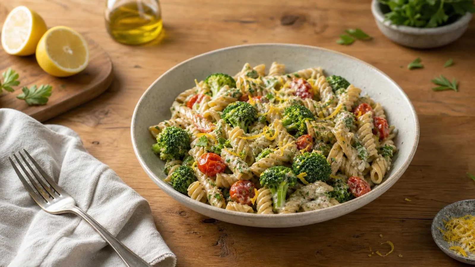 Pasta integral con brócoli tomate cherry y salsa ligera de yogur al limón