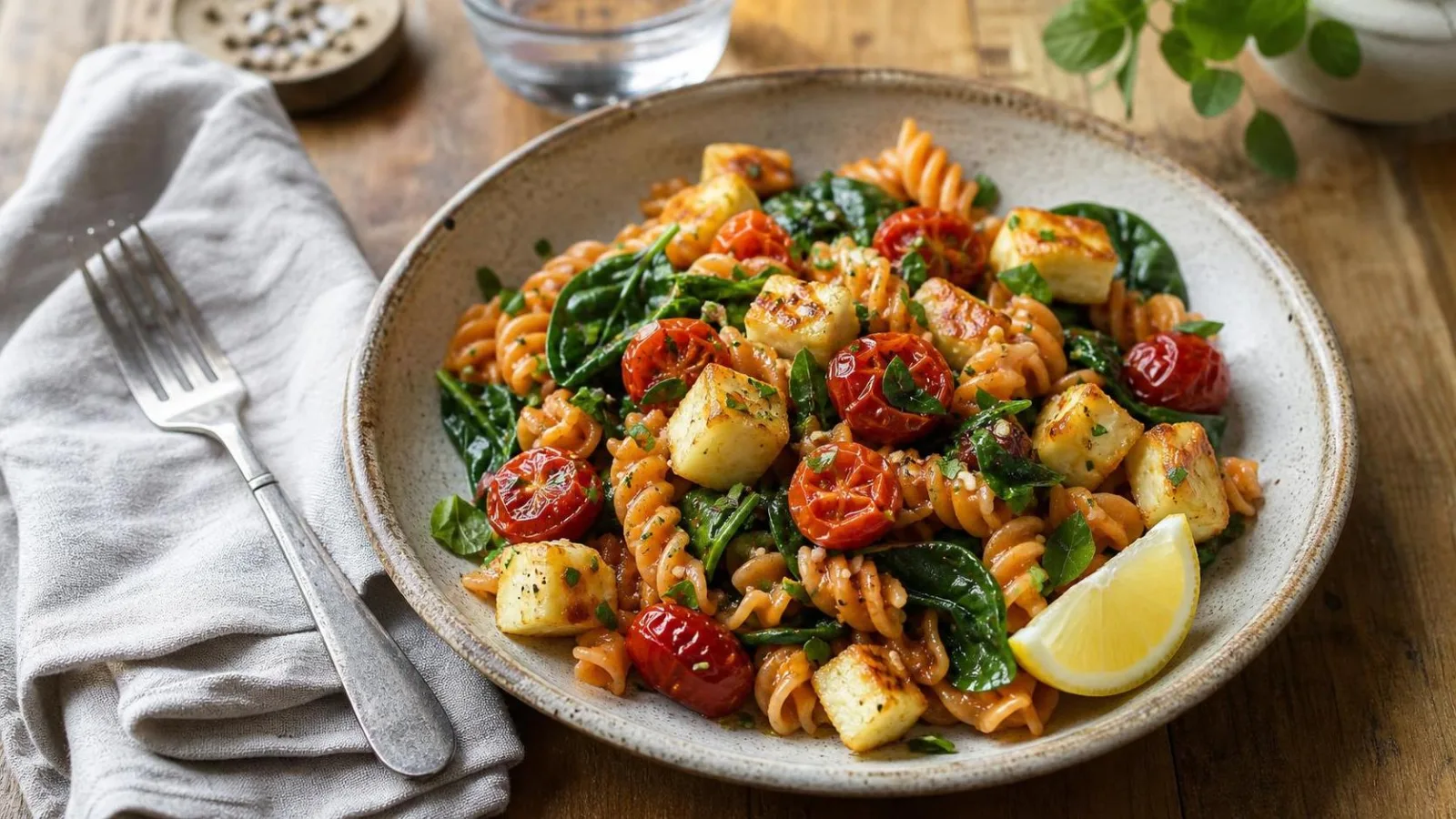 Pasta de lenteja roja con espinacas jitomate cherry y queso panela servida en plato casero