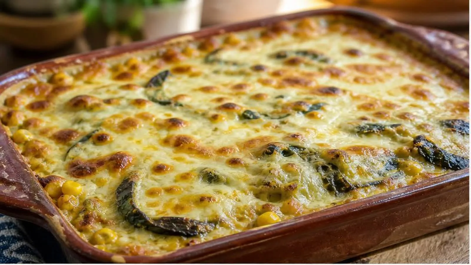 Pastel azteca de poblano cremoso con queso gratinado y capas de tortilla