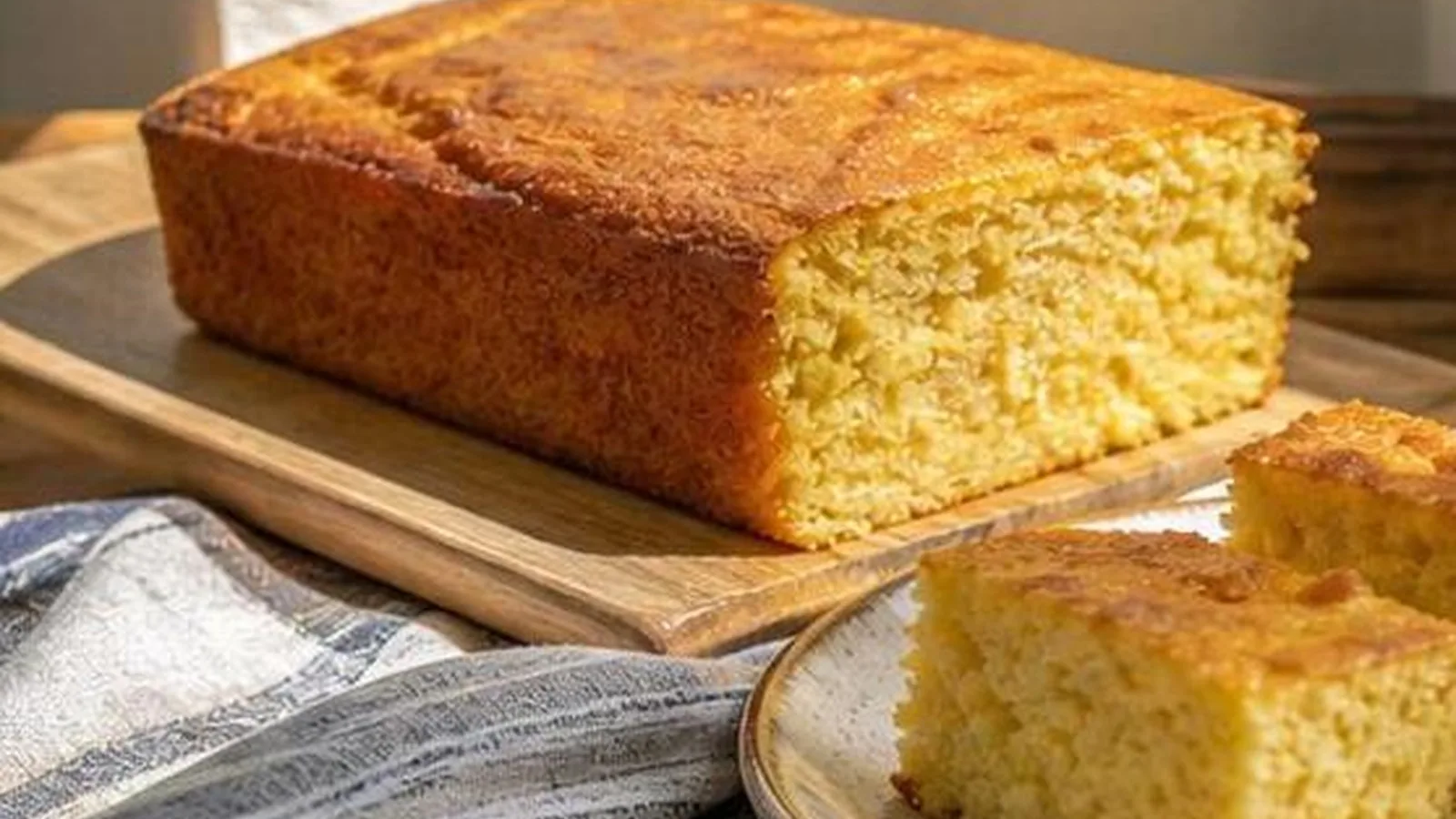 Pastel de elote con queso crema servido en rebanadas doradas sobre mesa casera