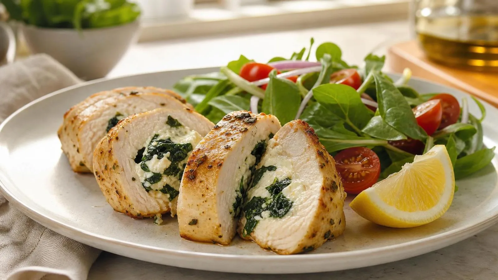 Pechuga de pollo rellena de espinacas y requeson servida con ensalada fresca