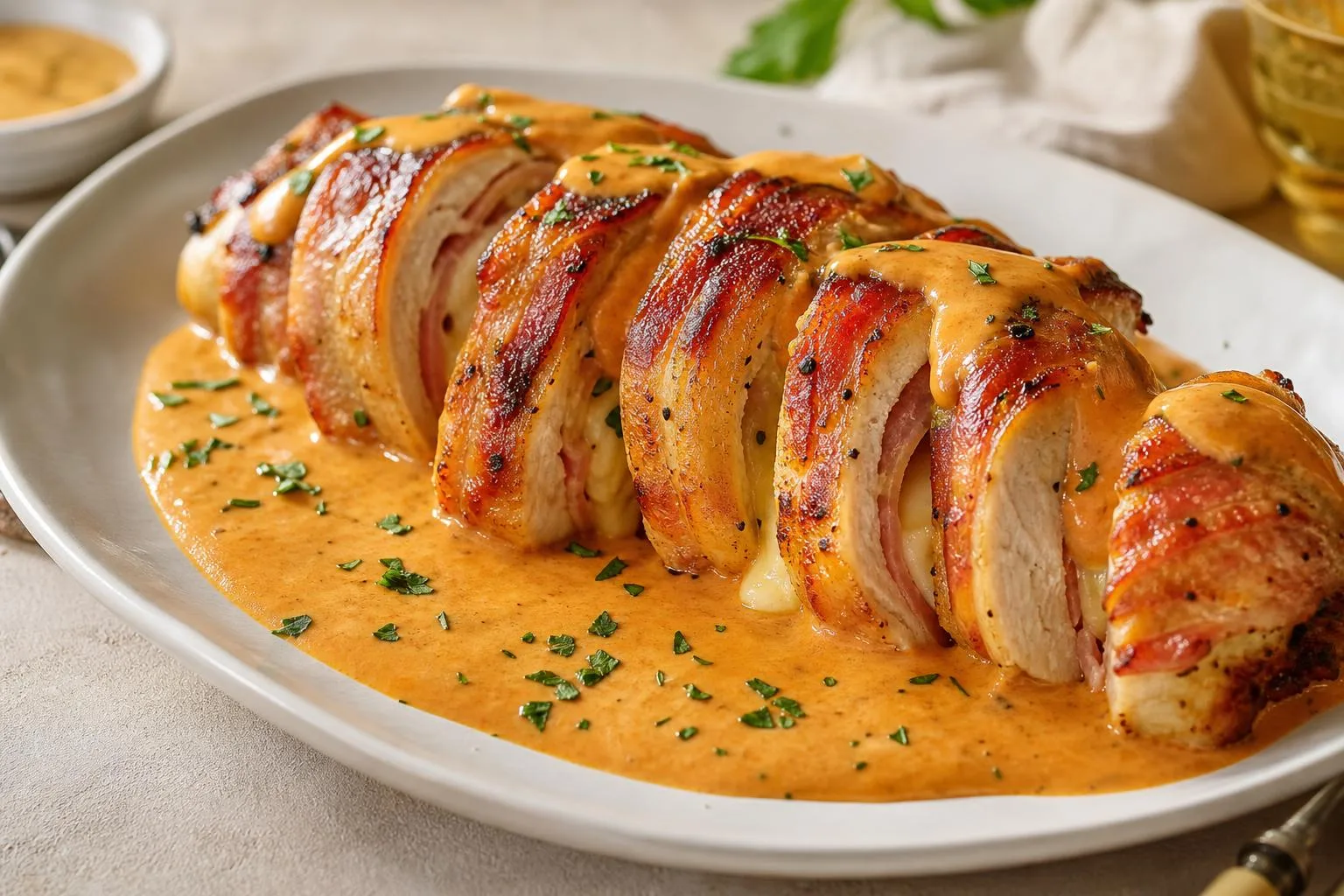 Pechugas de pollo rellenas con queso y jamón bañadas en crema de chipotle con tocino dorado.