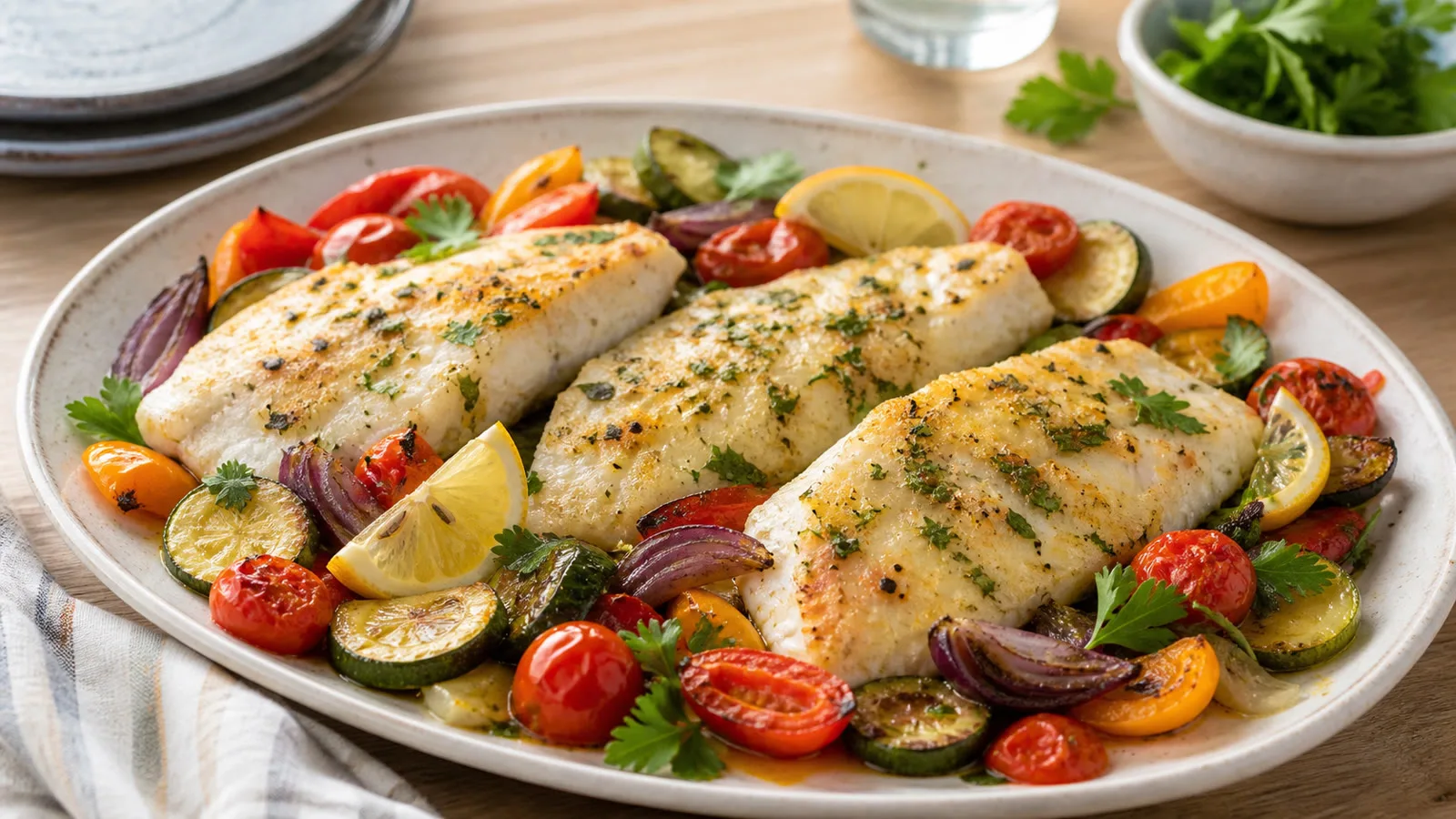 Filetes de pescado al horno con verduras asadas y limon