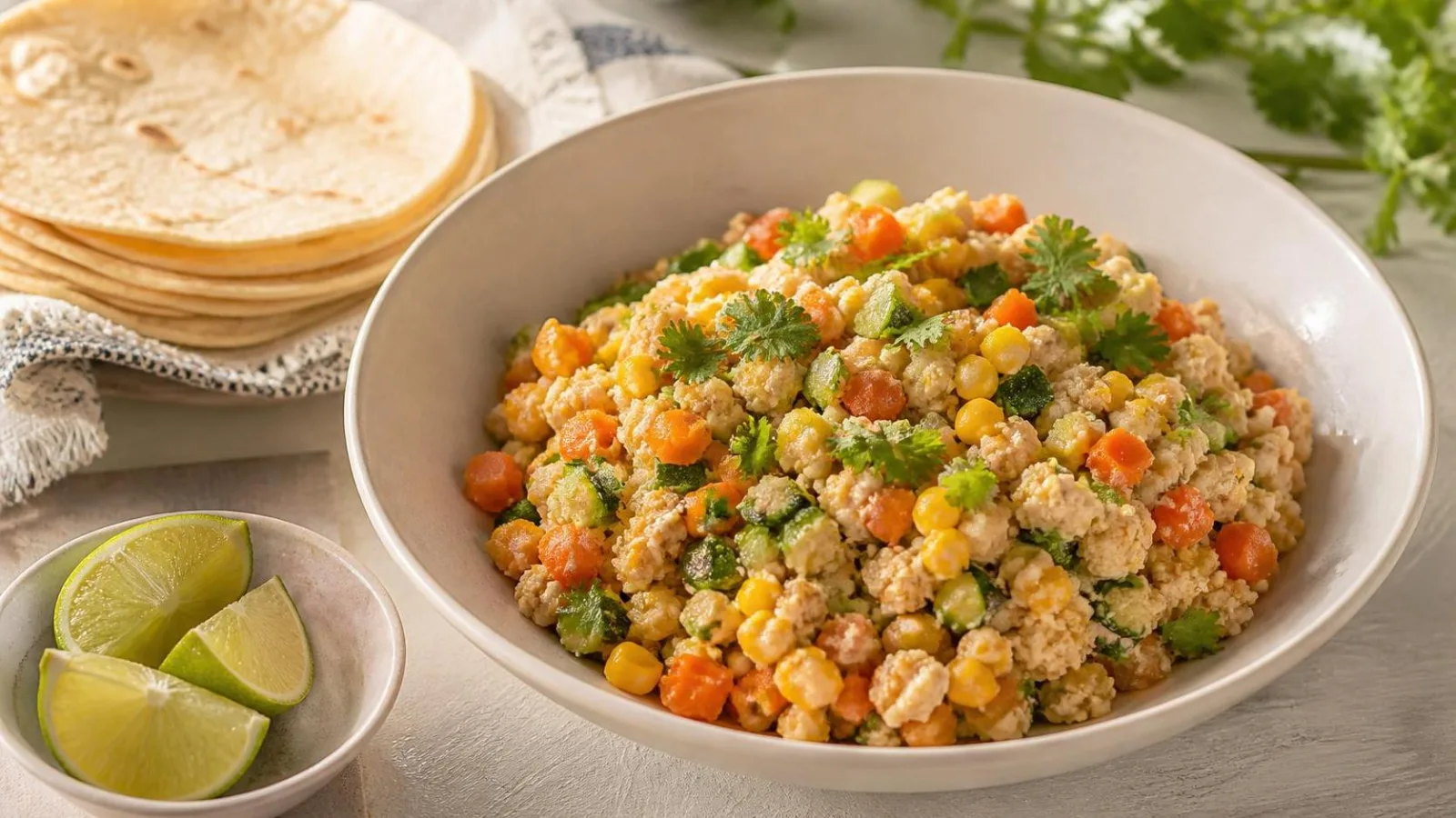 Picadillo blanco de pollo con calabacita elote y zanahoria servido en plato casero