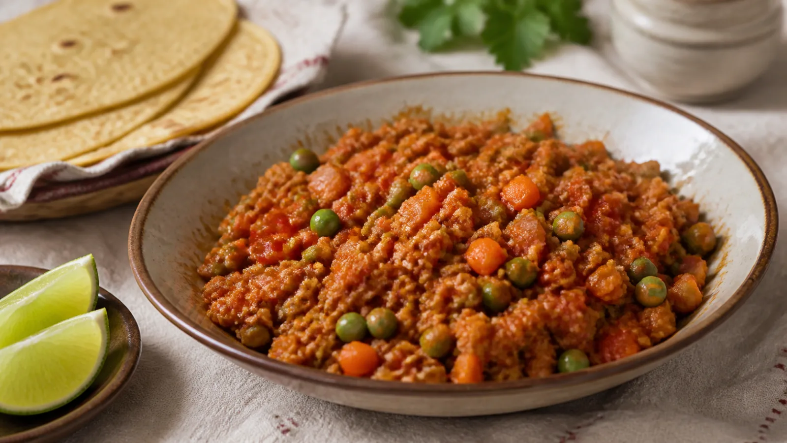 Picadillo de soya texturizada con zanahoria, chicharos y salsa de jitomate servido en mesa casera