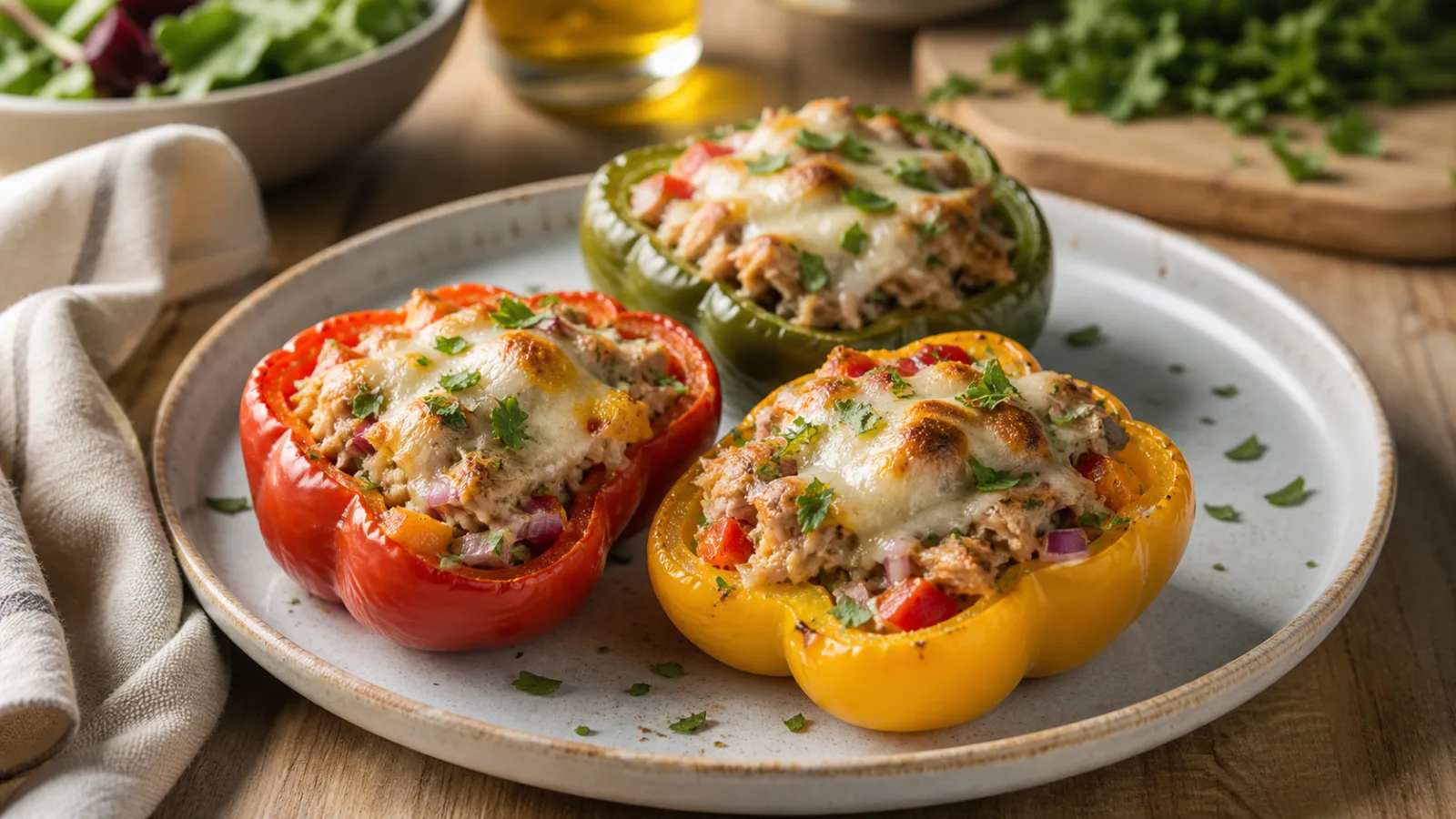 Pimientos rellenos de atun con verduras horneados y servidos en plato casero