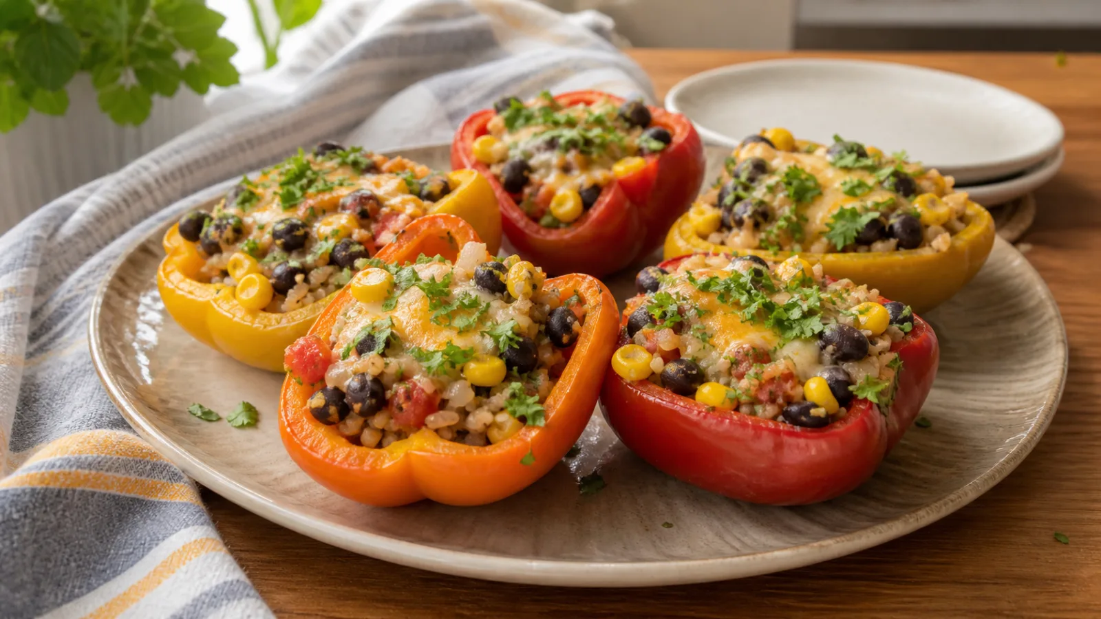 Pimientos rellenos de frijoles negros arroz integral verduras y aderezo ligero de limon