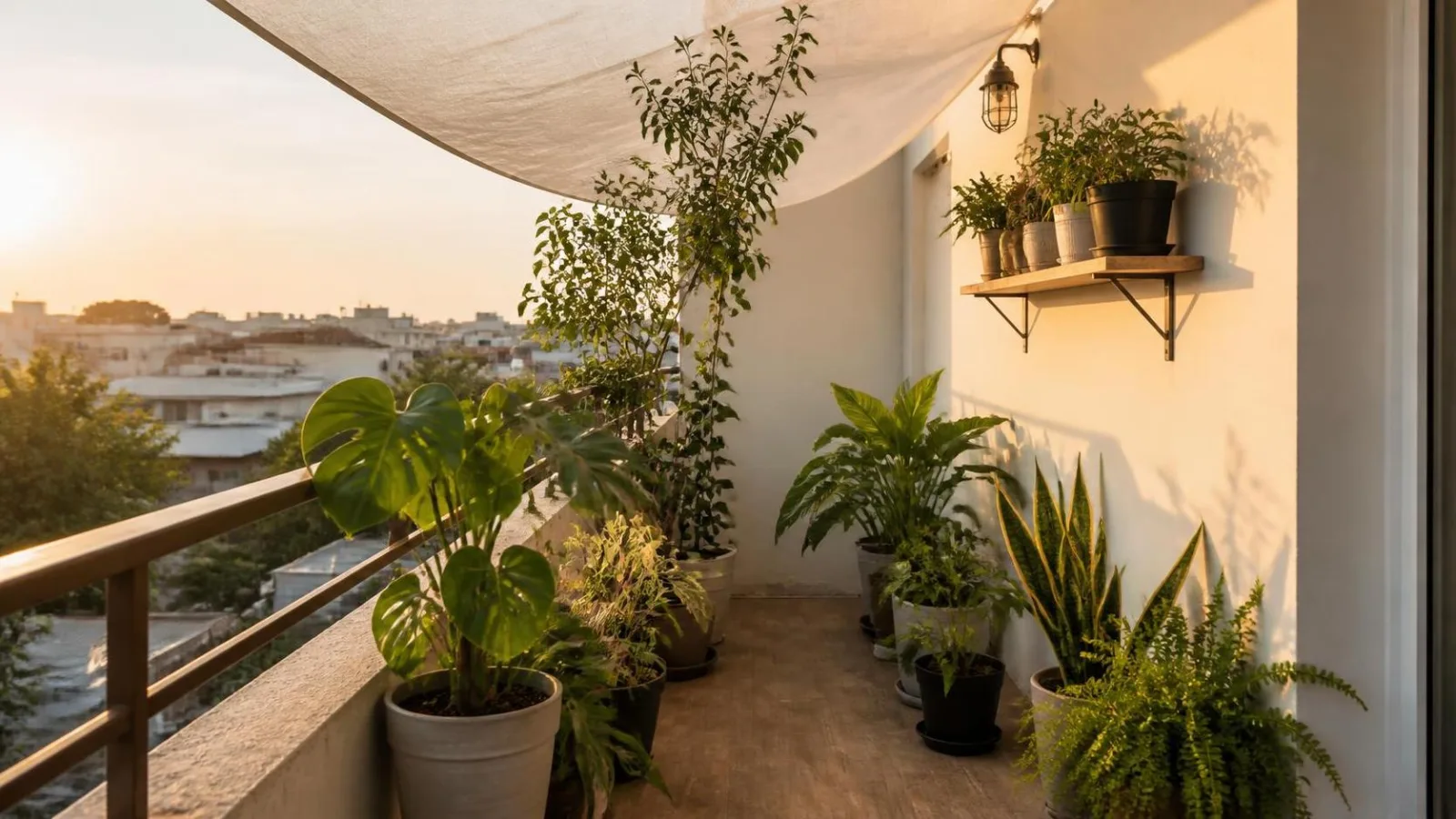 Plantas de balcon protegidas del sol fuerte con sombra ligera en casa